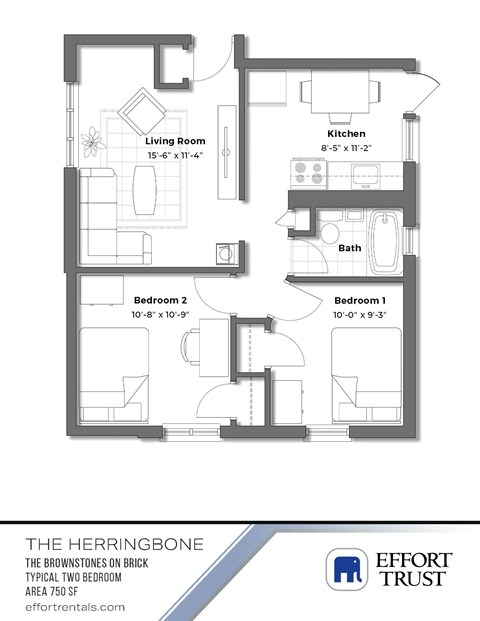 Floor plan for 2 beds, 1 bath, 600 sqft